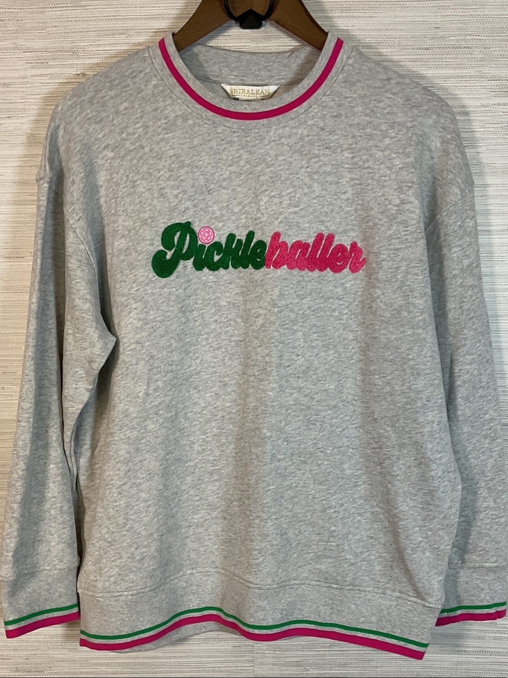 Shiraleah Pickleballer Crewneck Sweatshirt Grey with Pink & Green Trim Medium